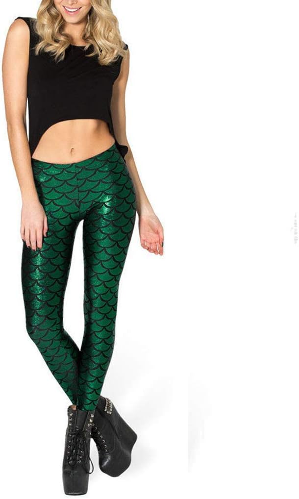 Women's Mermaid Scale Printed Leggings Novelty High-Waist Yoga Legging Pants Tights Stretchy Trousers