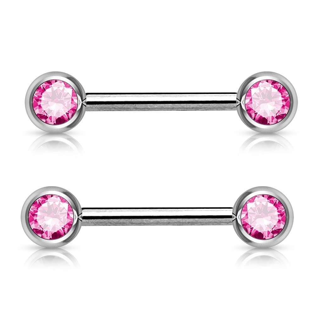 PiercedOff 316L Surgical Steel Nipple Bar with Forward Facing Pink CZ Gem Balls - Thickness 14GA (1.6mm) / L ength16mm / Ball Sizes 6mm - Sold as a Pack of 2 Nipple Bars