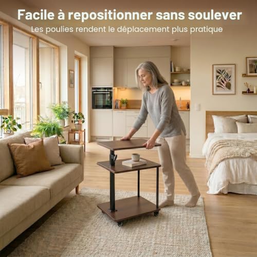 Bingyouth Side Table with Wheels 360° Swivel Tray Adjustable Height 47-71 cm Rolling Table Walnut End of Sofa with Storage Space Mobile Side Table for Living Room and Bedroom