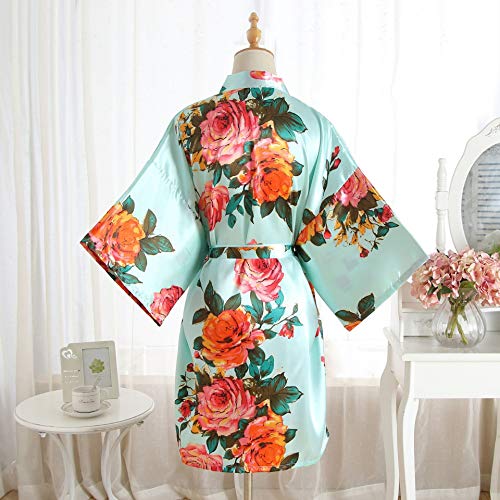 Peony Floral Silk Kimono Robe Bridal Bridesmaid Robes Dressing Gown for Women Light Blue