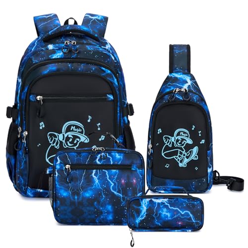 Amythe Boys Backpack - Elementary and Middle School - Complete Set with Chest Bag, Lunch Bag & Pencil Case - Teenagers Large Lightweight Waterproof Backpack for School & Travel, Blue