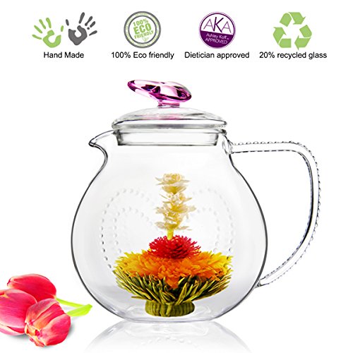 Glass Teapot with Tea Warmer Lead Free Special Glass No Drip by Tea Beyond (Glass, 34 oz Pink)