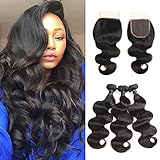 8A Brazilian Body Wave Bundles with Closure 100% Unprocessed Virgin Hair Human Hair Bundles with Closure Free Part Natural Color