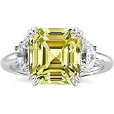 Effinny 4.5ct Canary Yellow/Emerald Green Engagement Ring for Women,Two-Tone Asscher Cut Three Stone Promise Ring in 925 Sterling Silver