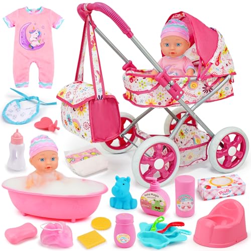 Baby Doll Stroller Set Toys for Girls Toddlers 3-5 4-6 5-7, Baby Doll Playset with 11