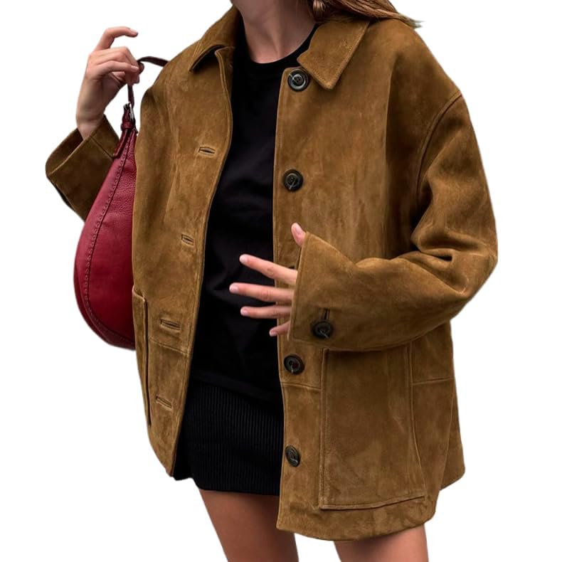 Photo 1 of IDEALSANXUN Suede Jacket Women Fall Winter Casual Oversized Faux Leather Blazer Jackets Trench Coat Outerwear,Brown,XL
