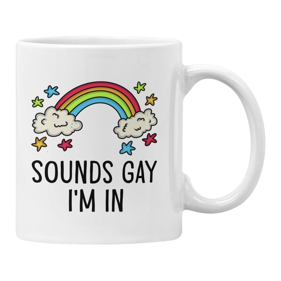 Plumfoolery Sounds Gay, I'm in Mug Rainbow Funny LGBTQ Pride Gift for Him or Her (White)