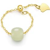 LOOYUUPEE Natural Hetian Jade Ring, Adjustable Band Beads Charm Ring Jewelry, Green Jade Rings for Women, Handmade Ring Gift for Women, Great Gift Idea (925 Sterling Silver with 14K Gold Plated)