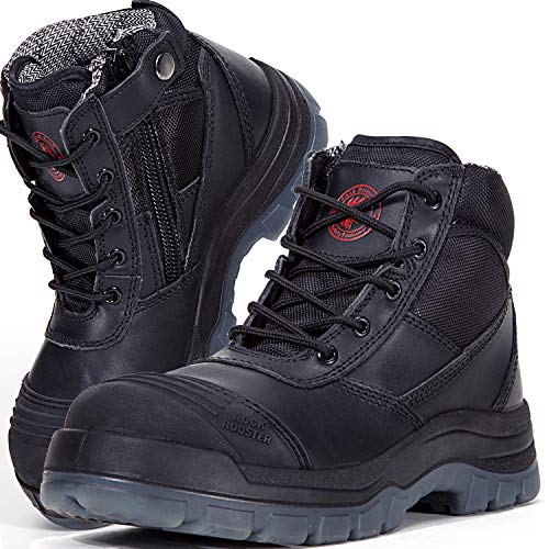 ROCKROOSTER Men's Work Boots, Steel Toe, YKK Zipper, 6 inch, Slip Resistant Safety Oiled Leather Shoes, Static Dissipative, Breathable, Quick Dry(AK050 Black, 12)