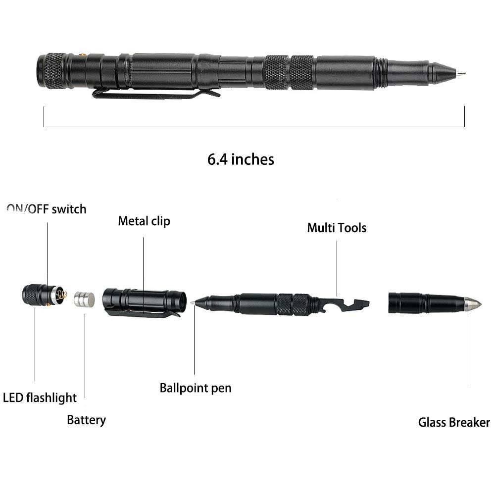 WEREWOLVES Tactical Pen - Professional Multi-Function Self-Defense Pen with 12 Ink Refills, Emergency Glass Breaker, EDC Multifunctional Survival Tool, LED Flashlight, Smooth Writing Black Ballpoint