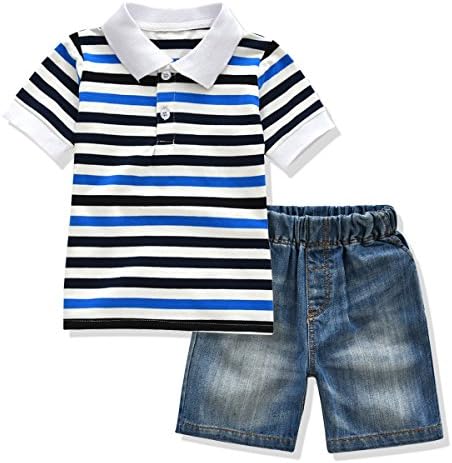 Ferenyi Toddler Boys Clothing Boys' Solid Pique Polo Shirt and Denim Shorts Sets (5 years, Blue 2)