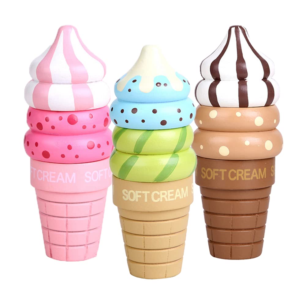 Ungfu Mall 3PCS Wooden Ice Cream Magnetic Connected Food Pretend Play Children Gift Toy Game Random Color