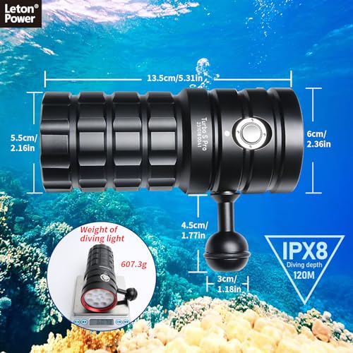 LetonPower Turbo S Pro Diving Lamp 13000 Lumens - Professional Underwater Video Light, with CRI 95, 3000K-6500K, Waterproof 120m, USB-C Charging for Water Sports and Professional Diving