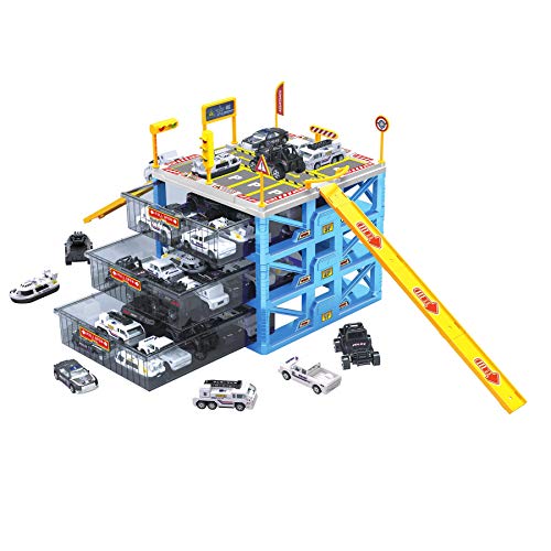 WolVol Police Parking Service Garage - 6 Cars Included - Miniature Vehicle Playset – For Matchbox and Hotwheels - Portable Organizer for Small Cars for Kids Boys & Girls