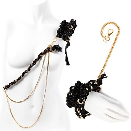 Jewelry Gift SET - Shoulder Ruffle Harness + Cuff + Leash - Crocheted Black Rope with Golden Chains - Baroque Body Necklace - Miltary Glam Epaulette - Ruffle Bracelet - One of a Kind - Christmas Gift
