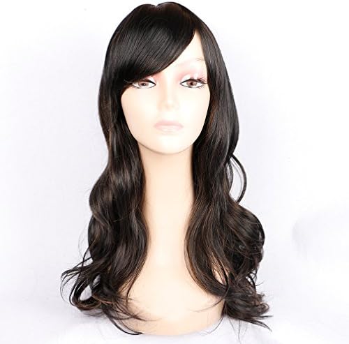 Colorful Bird Wavy Wigs Mixed Color Black / Brown Synthetic Fiber Wig Heat Resistant Long Curly Wig with Side Bangs for Women Highlights Body Wave Wig (18 inches, 1B/#30)