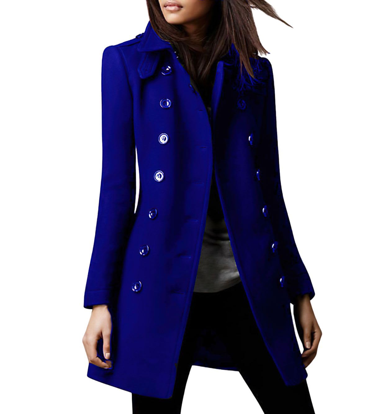 Photo 1 of chouyatou Women's Winter Double Breasted Wool Coat Elegant Collared Wool Blend Trench Pea Coat (Medium, Blue)