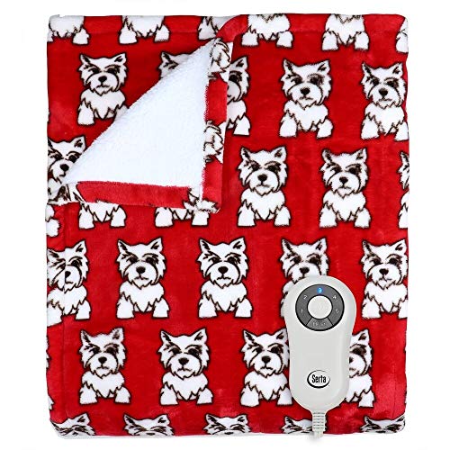 Serta Shiny Sherpa Electric Heated Warming Throw Blanket Dogs Red 50