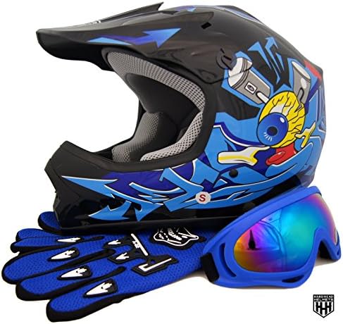 HHH DOT Youth & Kids Helmet for Dirtbike ATV Motocross MX Offroad Motorcyle Street Bike Black/Blue, Blue Flame + with Free Gloves and Googles