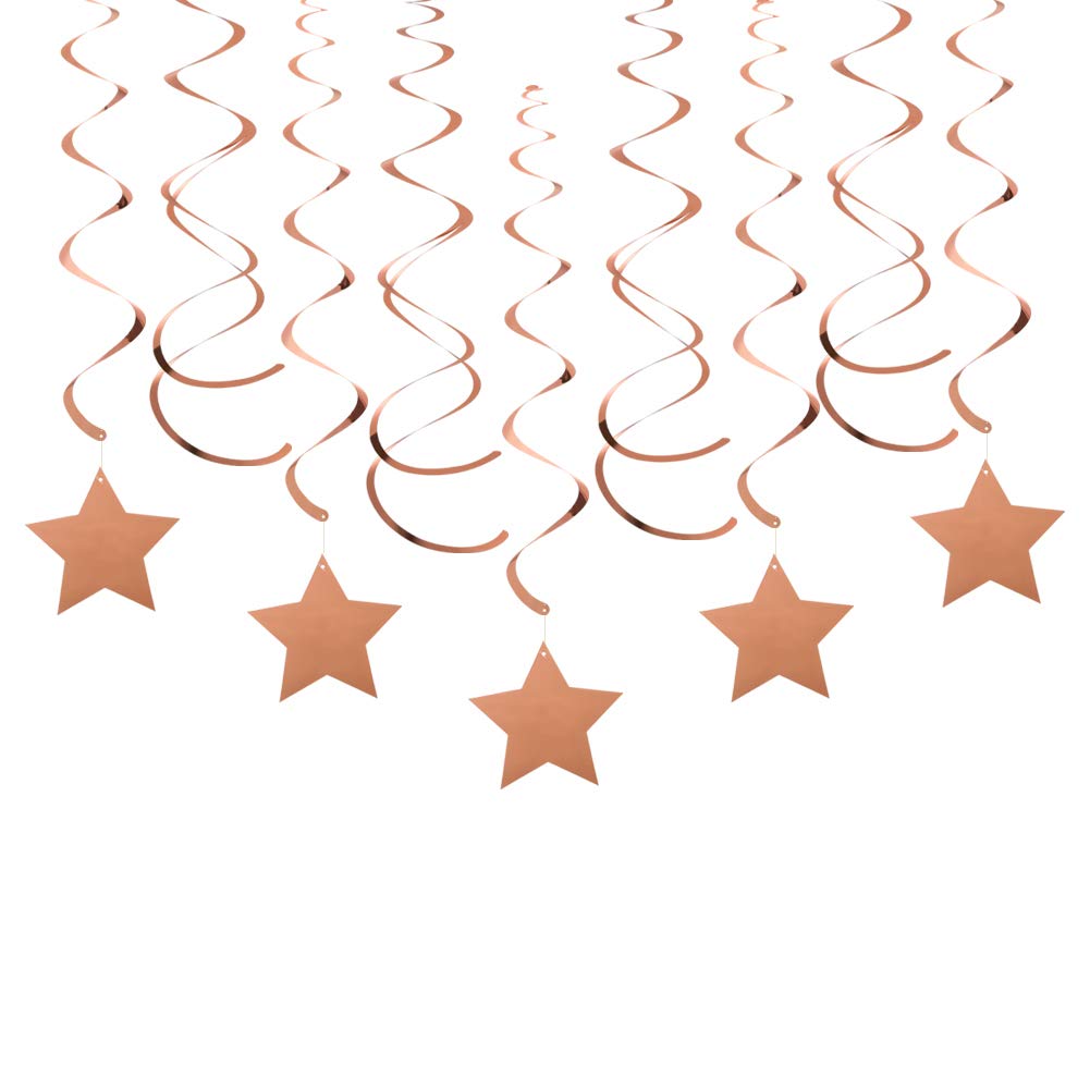 Rose Gold Star Hanging Swirl Decorations For Ceiling Pack Of 30