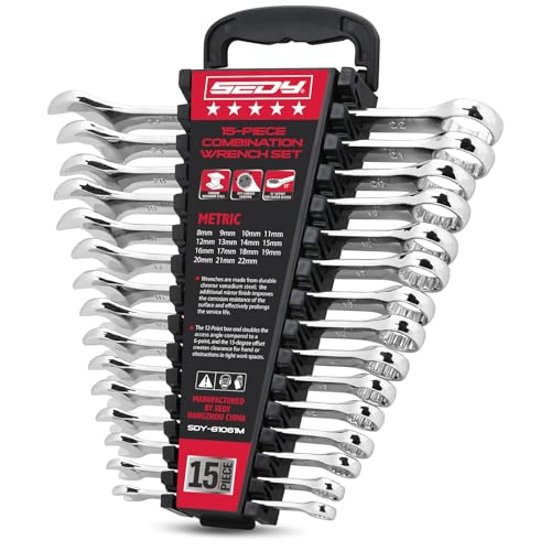 15-Piece Metric Combination Wrench Set, 8–22mm 12-Point Open End and Box End Wrench Kit with Organizer, Chrome Vanadium Steel Tools for Mechanics, Garages and Workshops