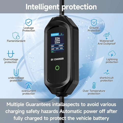 Type 2 Electric Car Charging Cable, 7.2 kW/6-32A/10M Mobile Wallbox with App, Portable Schuko Charging Cable, 1-15H Timer Function and IP65 for EV PHEV IEC 62196-2