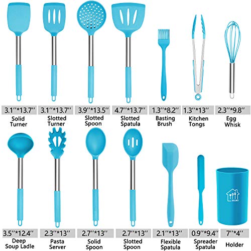 Silicone Cooking Utensil Set, AILUKI Kitchen Utensils 14 Pcs Cooking Utensils Set,Non-stick Heat Resistant Silicone,Cookware with Stainless Steel Handle - Blue - Thumbnail 2
