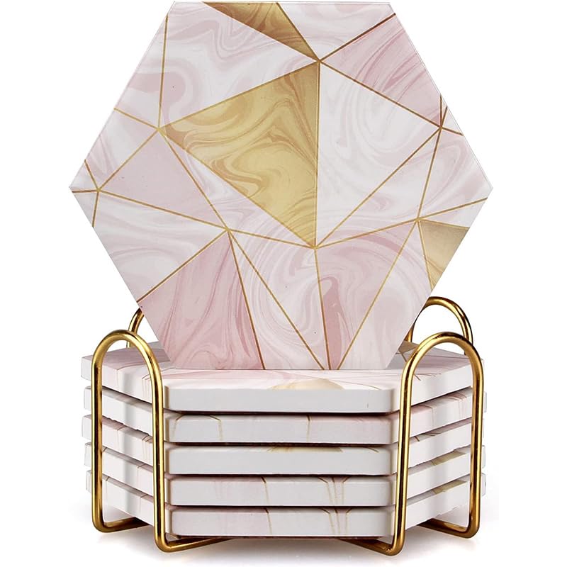 6 Pcs Pink Marble Coasters with Holder Gold Absorbent Drink Coasters Hexagon Ceramic Table Coaster Ser Decorative Bar Wine Coasters