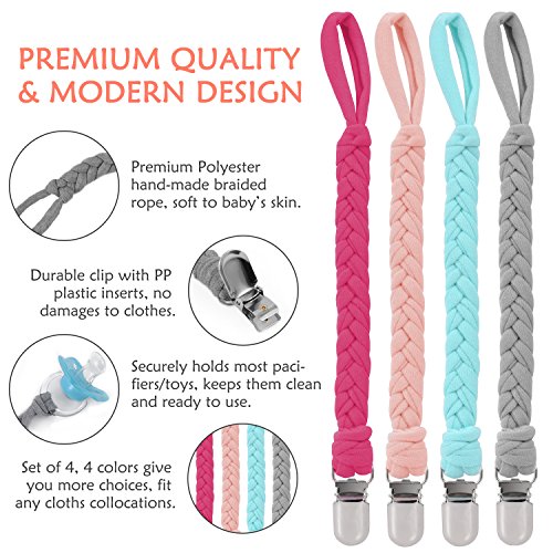 Benewell Pacifier Clips for Girls and Boys 4 Pack, Universal Baby Pacifier Holder, Teething Ring Holders for All Pacifier Styles, Teething Toy and Soothie, Hand-Made Braided