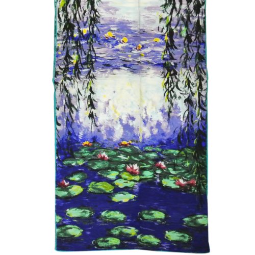 Wrapables Luxurious 100% Charmeuse Silk Long Scarf with Hand Rolled Edges, Claude Monet Nympheas