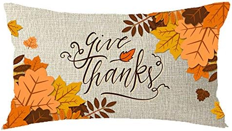 Happy Thanksgiving Day give Thanks Autumn Fall Maple Leaf Cotton Linen Throw Pillow Covers Case Cushion Cover Sofa Decorative Square 12x20 inch Decorative Pillow Wedding Birthday