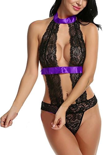 PARTY LADY Women's Fashion Open Crotch Lingerie Babydoll One Piece Bodysuit Sleepwear Size M Purple