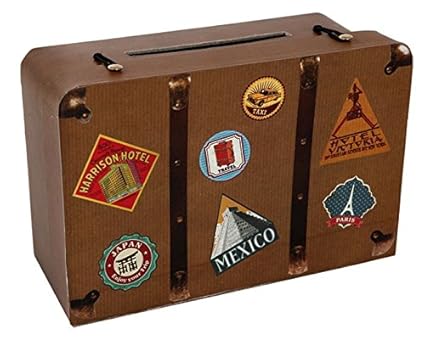 Salvadanaio A Forma Di Valigia In Legno Heaven Sends – Scritta “Our Adventure Fund”, Design Vintage Mappamondo