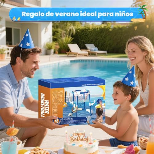 HaoVrisn Canasta de Baloncesto para Piscina, Juguetes Piscina 2 en 1, Juegos de Agua para Niños con 4 Pelotas Flotantes, 12 Anillas y Bomba, Juguete Veraniego Familiar para Fiesta en Piscina
