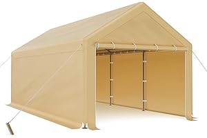 Cecarol C03 10x20FT Heavy Duty Carport, 180G Heat-Sealing All WeatherTarp, 40MPH Windproof, w/Side Tarps for Sandbag Mounting, Detachable Side Walls&Doors (Beige)