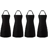 Tosewever 4 Pack Adjustable Bib Apron Waterdrop Resistant Apron with Pocket, Cooking Kitchen Restaurant Aprons for Women Men Chef, BBQ Drawing Crafting Outdoors (Polyester-Black, 4)