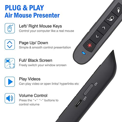DinoFire Presentation Remote Control Air Mouse Function Rechargeable USB Wireless Presenter Presentation Clicker Powerpoint Clicker RF 2.4 GHz Pointer Slide Advancer Changer Support Mac