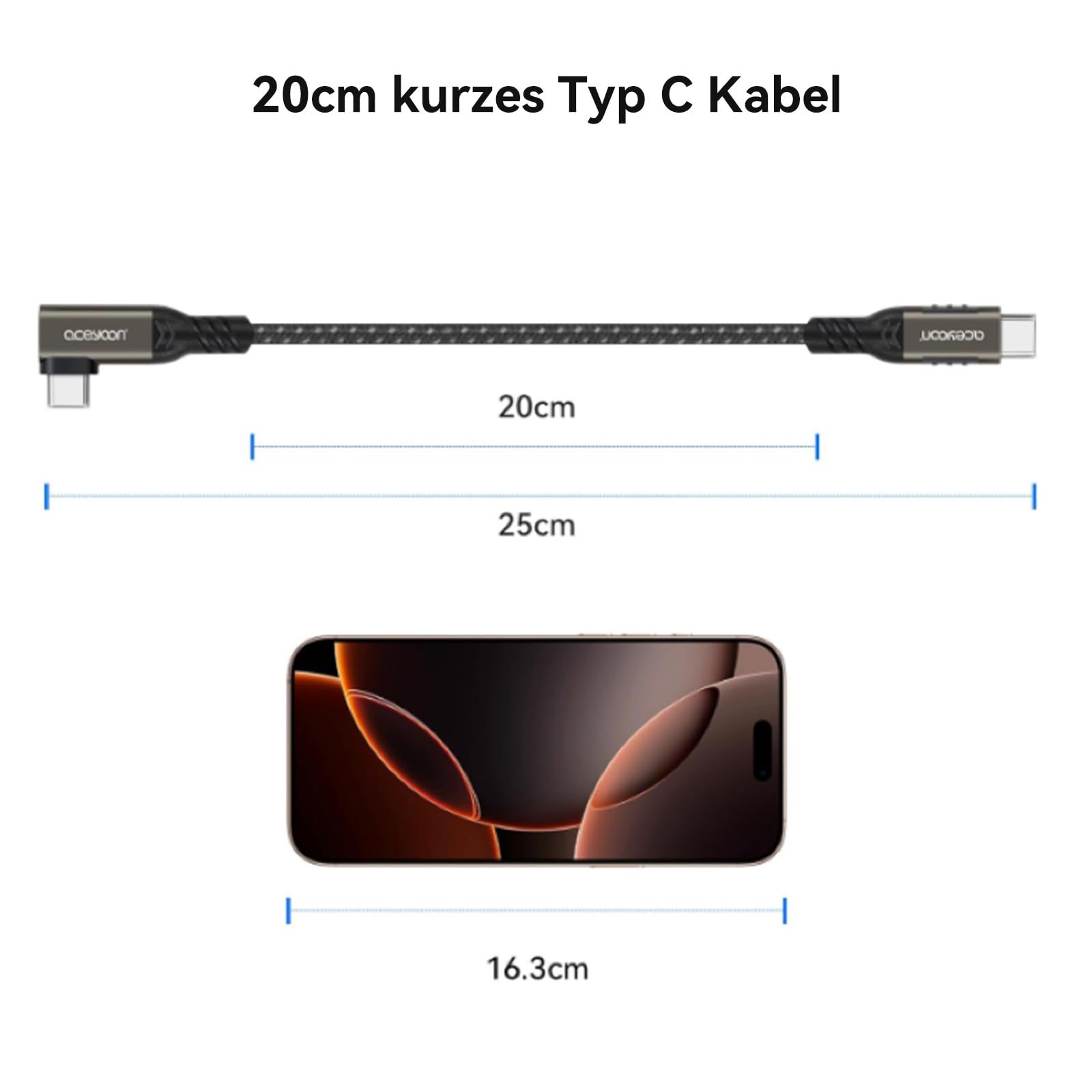 aceyoon 2 Stück 240W USB C Kabel Kurz 20cm,Winkel 90 Grad USB C auf C Kabel 5A PD Schnellladekabel USB Typ C mit E-Maker Chip für iPhone 17 16 Pro Max,für MacBook,für Galaxy S24 S23,für Huawei Mate 70 8