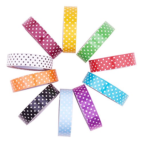 PandaHall 10 Rolls Single Face Polka Dot Pattern Printed Cotton Ribbon Adhesive Tape 15mm Width Mixed Color