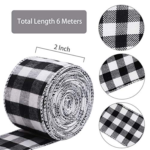 WAVEYU Buffalo Check Plaid Wired Ribbon Gingham Ribbon 2" Wide 236'' Length for Christmas Tree,Wreath Bows,Festive Farmhouse Decoration,Gift Wrapping Crafts,Floral Arrangement,Black and White