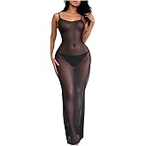 OYOANGLE Women's 2 Piece Lingerie Set See Through Sheer Mesh Chemise Nightgowns String Thong Sets Club Party Dress