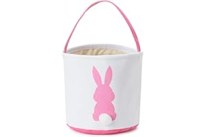 CHOIEO Easter Bunny Basket Easter Bucket Egg Hunt Basket for Kids, Canvas Rabbit Print Basket w. Fluffy Tail, Candy Egg Toy Easter Basket Tote w. Handle (Pink New)