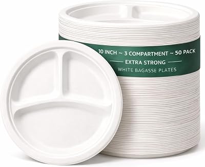1ABOVE 10 Inch 3 Compartment Sugarcane Plates 50 Pack Eco Friendly Biodegradable