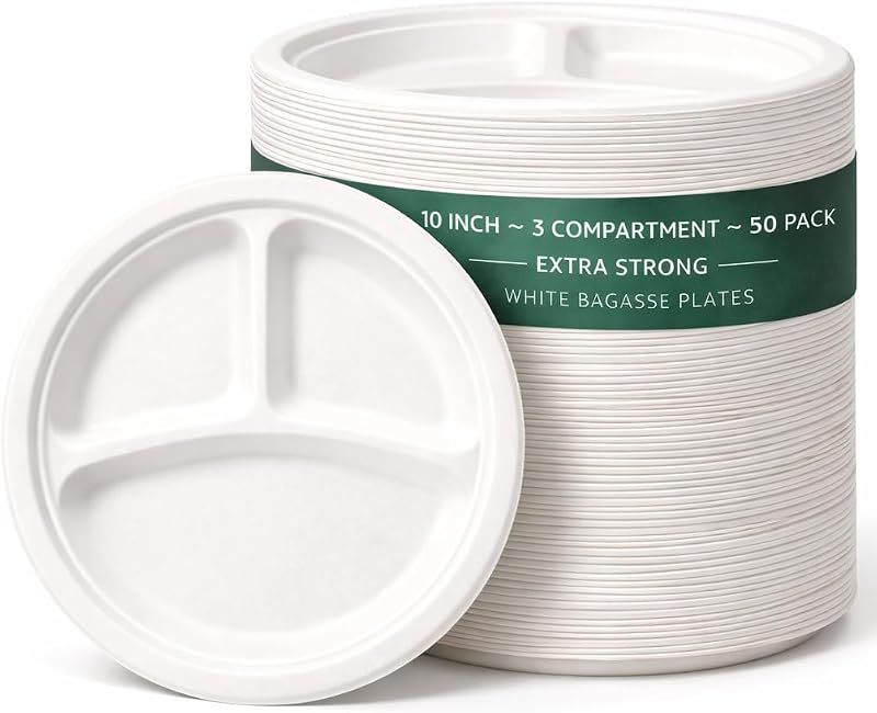 1ABOVE 10 Inch 3 Compartment Sugarcane Plates 50 Pack Eco Friendly Biodegradable