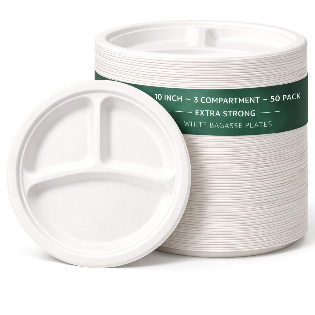1ABOVE 10 Inch 3 Compartment 50 Pack Extra Strong White Disposable Bagasse Plates, 100% Compostable and Biodegradable, Made from Sugarcane Fibre, Perfect for BBQ, Wedding, Office, Picnics and Parties