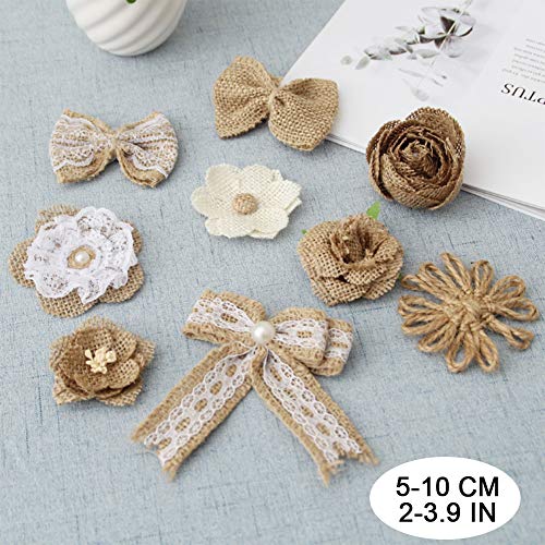 Burlap Flowers Set, 27PCS 9 Styles Natural Handmade Rustic Lace Rose and 1 Roll Jute Twine for DIY Arts Craft Valentine Gift Wedding Decoration and Floral Crafts Making, Durable Packing String-A