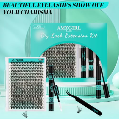 AMZGIRL Cluster Lashes Kit,40D Lash Clusters D Curl 9-16mm,320pcs Lashes | Complete DIY lash kit with 320 soft-volume 40D D curl clusters, bond & seal, remover and tweezers for balanced everyday looks
