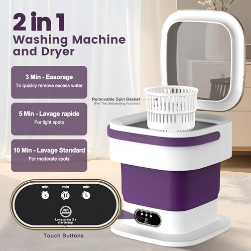 Mini Washing Machine, 15L 2 in 1 Portable Washing Machine with Spin and 3 Cleaning Modes for Small Clothes, Folding Camping Washing Machine for Travel, Apartments (Purple)
