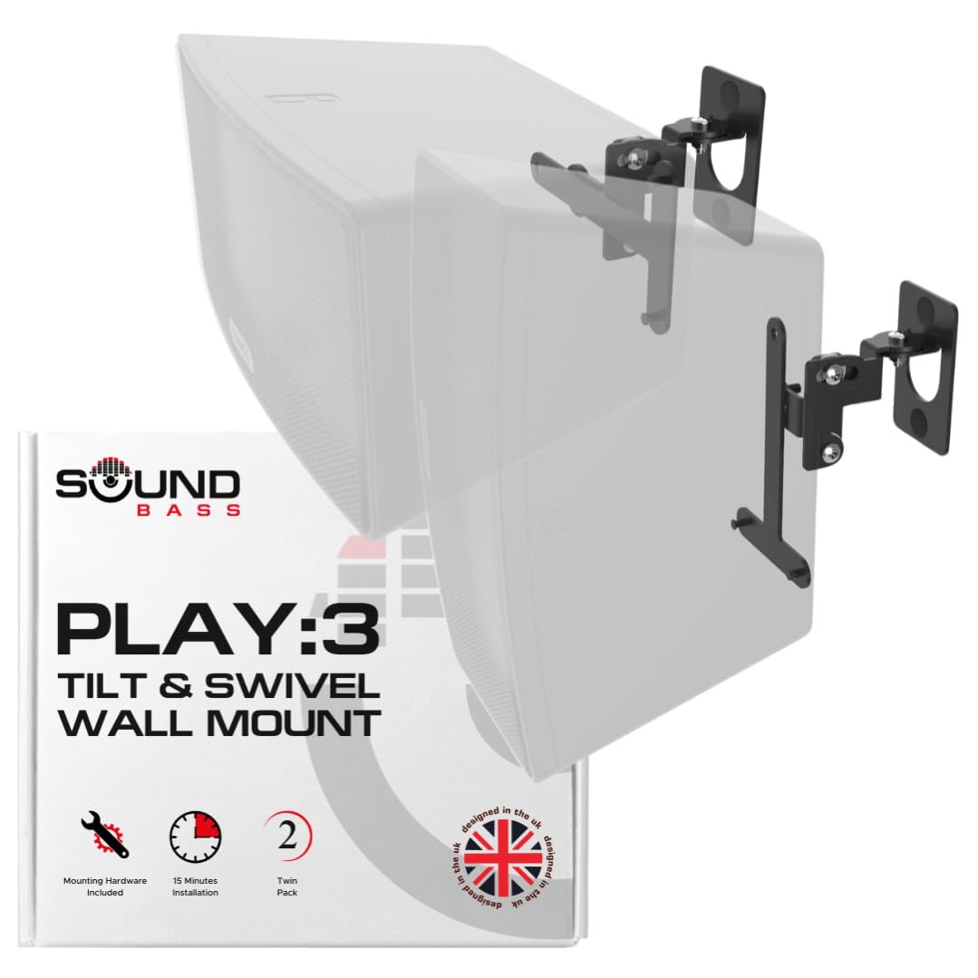 Sound bass Play 3 Wall Mount Black Pair Compatible with Sonos Play:3 Only, Twin Pack, Adjustable Swivel & Tilt Mechanism, 2 Mounting Brackets Includes All Fixings