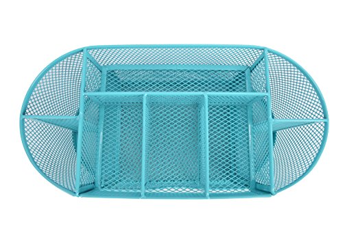 YaeKoo Desk Organizer | Caddy, Features Elegant Blue Mesh Wire Design, 9 Space Saving Writing Supplies Compartments With a Large Drawer - Perfect For Gifts,, Students, and Office Stationary (Blue)